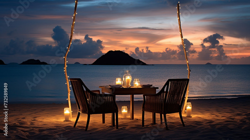 Beach dinner setup with lights and island silhouette at sunset