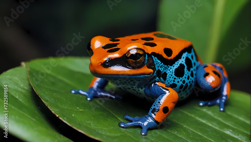 A close-up of a poison dart frog resting on a leaf with its front limbs extended, observing the camera.