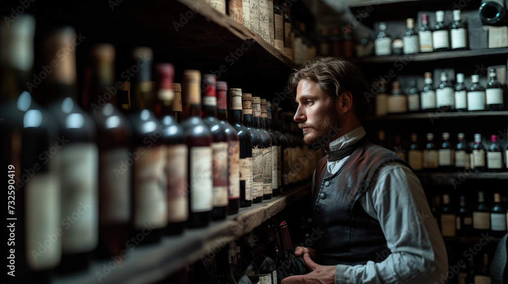 Young sommelier with wine bottles in wine cellar and on wine shelf
