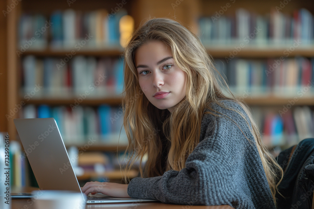 A smiling woman, a student, is studying in a library, working diligently on her laptop amidst shelves filled with books, embracing the atmosphere of learning and education A smiling woman, a student, is studying in a library, working diligently on her laptop amidst shelves filled with books, embracing the atmosphere of learning and education