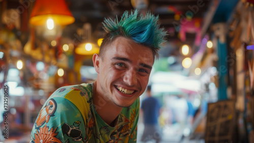Young male punk with blue hair.