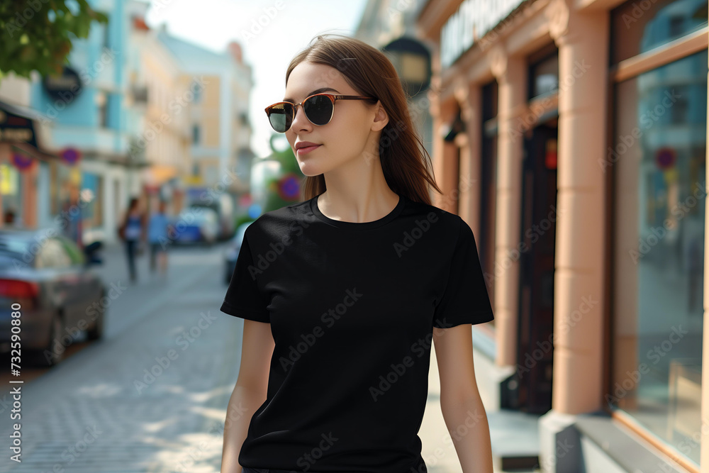 Young Model Shirt Mockup, woman wearing black t-shirt on street in daylight