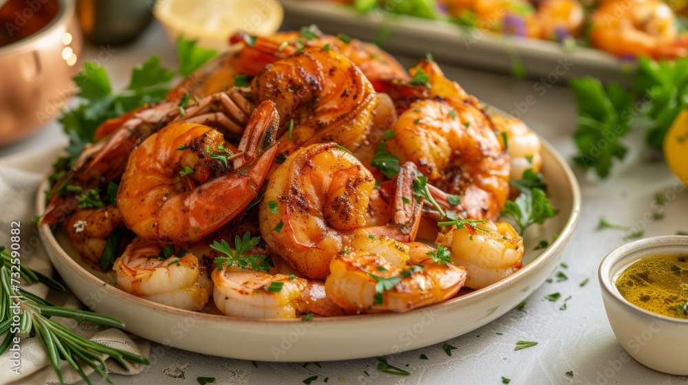 Plate of Shrimp With Lemons and Herbs Plate of Shrimp With Lemons and Herbs