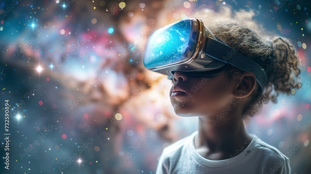 School child with virtual reality glasses studying astronomy against the background of the Galaxy and stars of the universe. The concept of using virtual reality in school studying