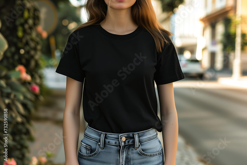 Young Model Shirt Mockup, woman wearing black t-shirt on street in daylight © chali