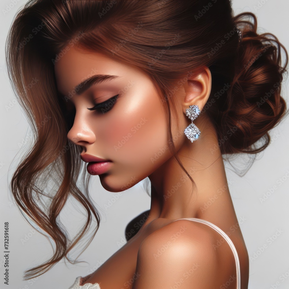 A beautiful Indian girl model side profile showing a gorgeous diamond earring for advertising purposes 