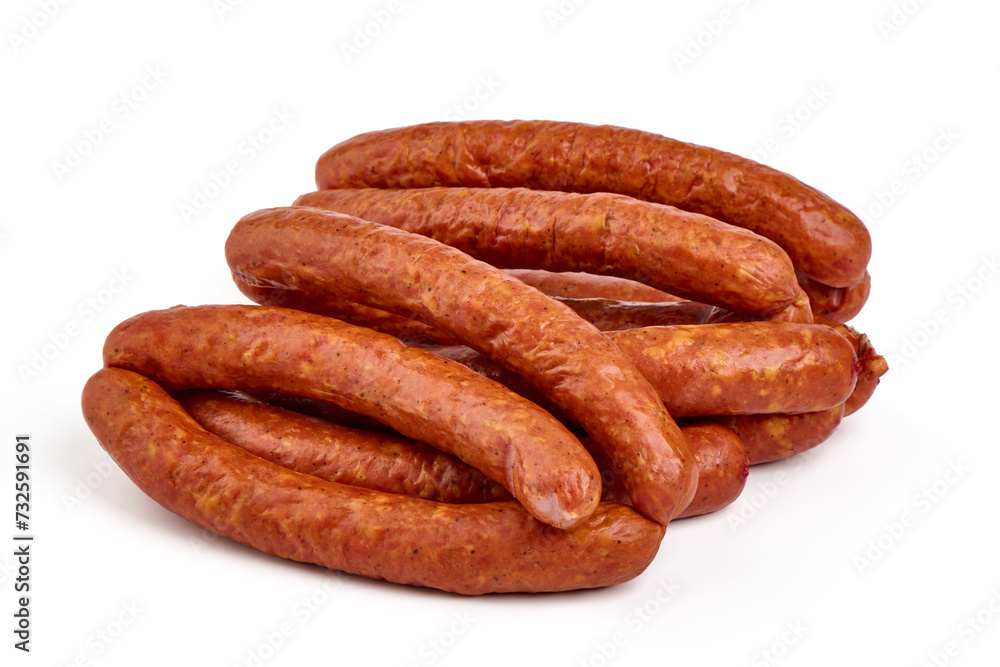 Long thin smoked sausages, isolated on white background. Long thin smoked sausages, isolated on white background.