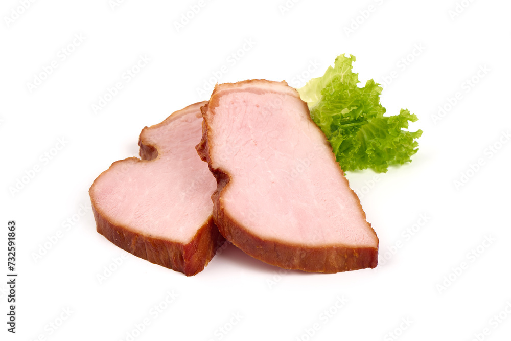 Sliced smoked pork loin, pork meat, isolated on white background.