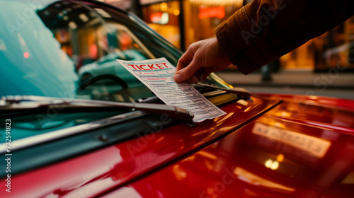Hand placing parking ticket on car windshield. photo