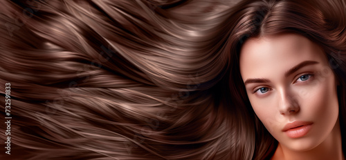 Woman with flowing brown hair, beauty and haircare concept or wallpaper with copy space.