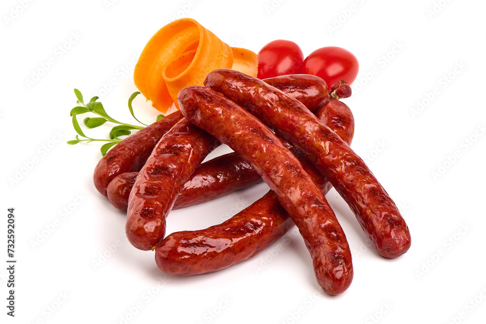 BBQ Roasted pork sausages, close-up, isolated on white background. BBQ Roasted pork sausages, close-up, isolated on white background.