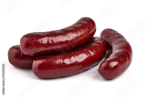 Grilled german bratwurst sausages, isolated on white background.