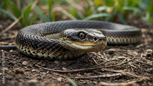 A close-up of a snake coiled on the ground with its head raised, attentively observing the camera.