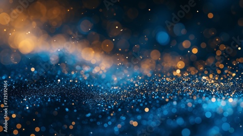 abstract background soft liquid particles. Glittering blue and gold bokeh effect on a dark backdrop