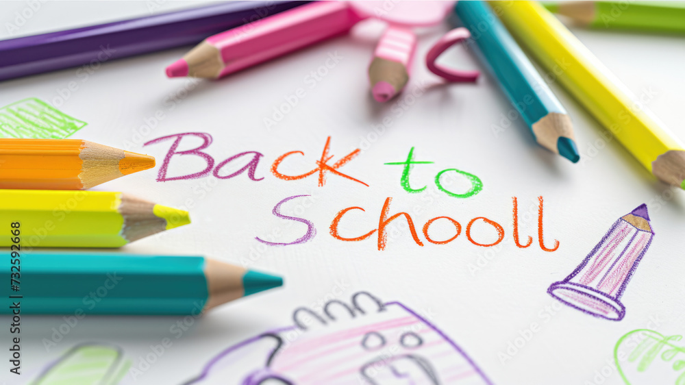 Children's drawing multi-colored pencils. Back to school text on white paper background. Kids going to learn. Educational poster. Colorful lettering. Child ready to study. Parents buy items for school Children's drawing multi-colored pencils. Back to school text on white paper background. Kids going to learn. Educational poster. Colorful lettering. Child ready to study. Parents buy items for school