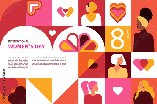 International Women's Day flyer. Banner for March 8 sale with floral decor and group of female character. Flat vector illustration.	