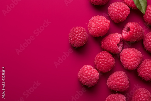 A cluster of fresh raspberries on a vibrant pink background.