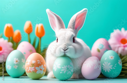 A small white fluffy rabbit sits near colorful Easter eggs and flowers on a blue background