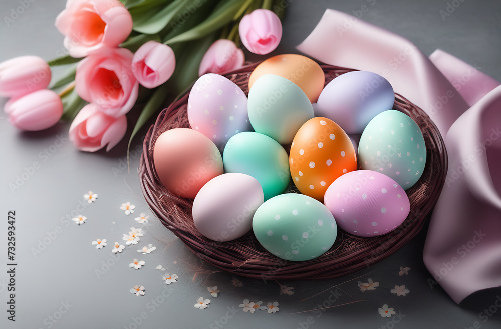 Multicolored painted eggs with delicate spring flowers in the nest against a light gray stone background. The concept of the Spring and Easter holiday with a copy space Multicolored painted eggs with delicate spring flowers in the nest against a light gray stone background. The concept of the Spring and Easter holiday with a copy space