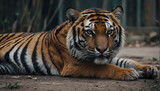A close-up of a tiger resting on the ground with its front paws on the earth, gazing at the camera.