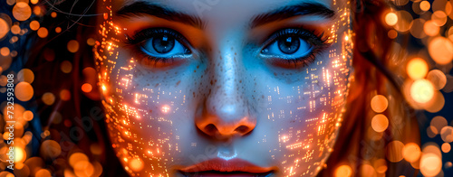 Abstract digital woman face. Artificial intelligence concept of informatics or biometric data background.