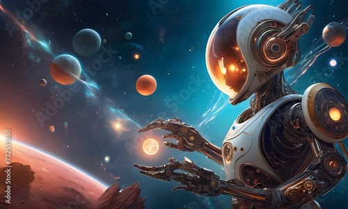 Robotic Overlord Governing the Universe portrays a robot manipulating planets, symbolizing the concept of robots ruling the world. AI Generated photo