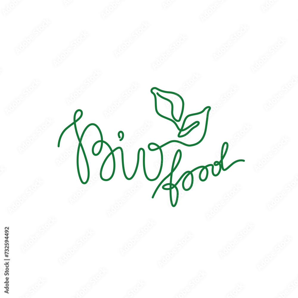 Bio food emblem or logo design, continuous line drawing, hand drawn lettering, modern calligraphy, one single line on a white background, isolated vector illustration Bio food emblem or logo design, continuous line drawing, hand drawn lettering, modern calligraphy, one single line on a white background, isolated vector illustration