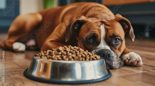 Stafford dog lying behind the bowl with kibble dog food  photo