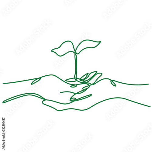 Hands holding plant, ecology theme icon. Print for clothes, t-shirt, emblem or logo design, continuous line drawing, small tattoo, isolated vector illustration. Growing plant in hand palm. 
