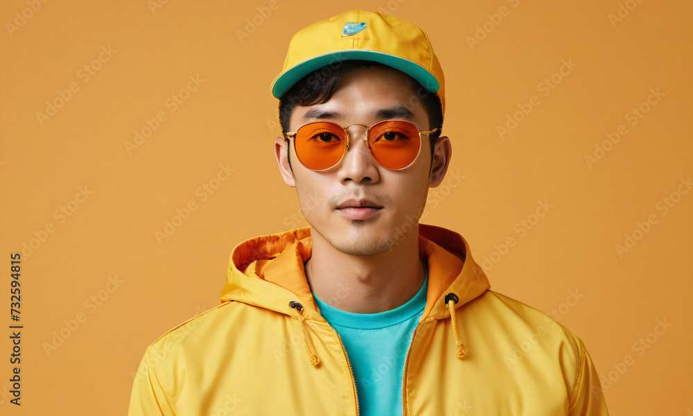 Portrait of a young asian man wearing yellow jacket and sunglasses Portrait of a young asian man wearing yellow jacket and sunglasses
