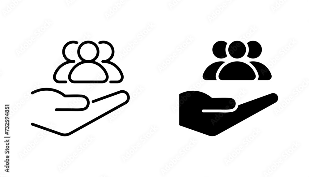 An inclusive workplace. employees on human hand line icon set vector illustration on white background An inclusive workplace. employees on human hand line icon set vector illustration on white background