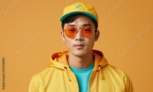Portrait of a young asian man wearing yellow jacket and sunglasses