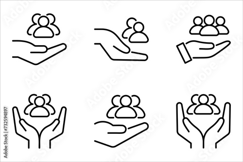 An inclusive workplace. employees on human hand line icon set vector illustration on white background