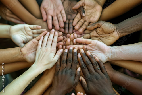 A group of multicultural people with their hands together. Diverse community teamwork