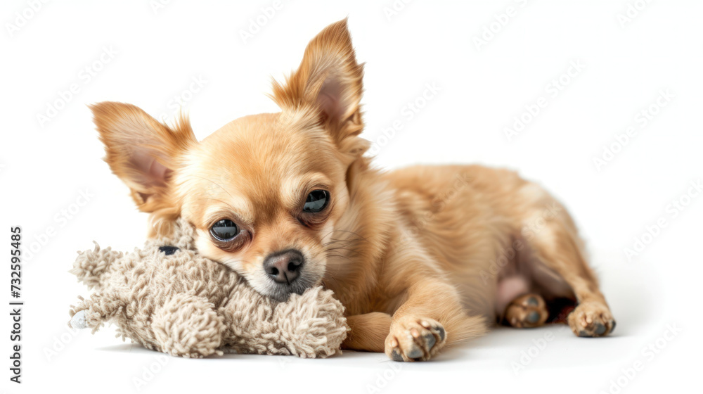 Chihuahua Capers: Tiny Dog Plays with Stuffed Buddy on a Crystal-Clear Background