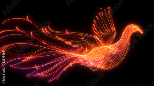 Enchanting neon wireframe illustration of a mythical phoenix with vibrant red and orange light trails isotated on black background. Created with generative AI.