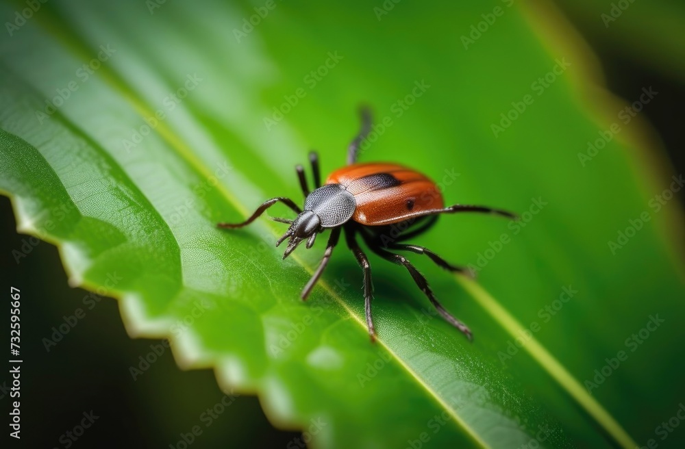 Macro shot of an adult beetle sitting on a leaf blade in a garden. Its forewings are bright scarlet and shiny. The legs, eyes, antennae and head are black Macro shot of an adult beetle sitting on a leaf blade in a garden. Its forewings are bright scarlet and shiny. The legs, eyes, antennae and head are black