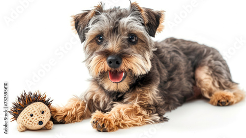 Joyful Yorkshire Terrier with Hedgehog Toy on a Crystal-Clear Background