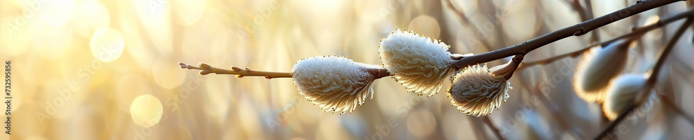 Banner with willow branch gainst spring background Banner with willow branch gainst spring background