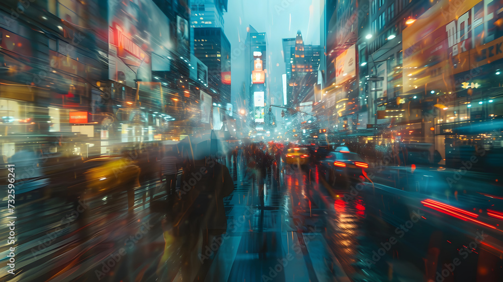 A bustling cityscape with streaks of light and dynamic movement, capturing the energy and constant motion of urban life in a vibrant metropolis.