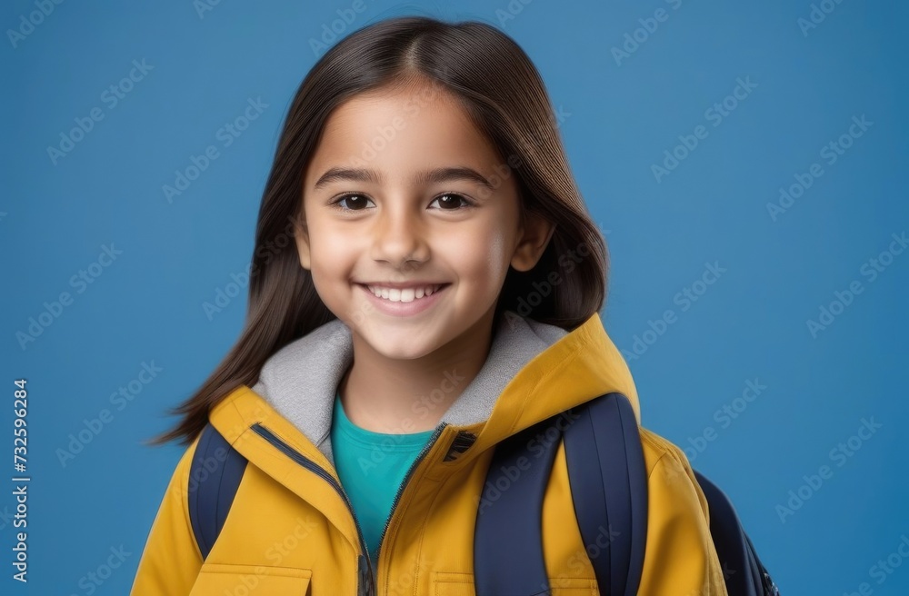 Schoolgirl girl with backpack,brunette in mustard coat,loose hair on girl,teenager smiling Schoolgirl girl with backpack,brunette in mustard coat,loose hair on girl,teenager smiling