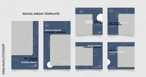 Social media template banner blog street wear fashion sale promotion. fully editable instagram and facebook square post frame puzzle organic sale poster. blue black vector background