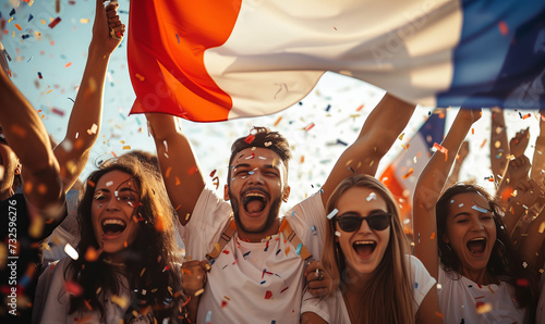 A group of people partying and cheering in celebration with the flag of france photo