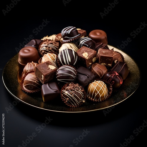 Assorted chocolates in a plate on a black background.