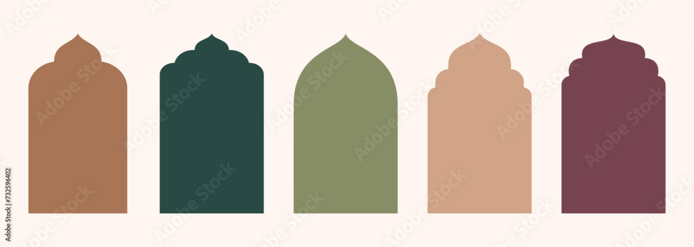 Shape Islamic door and window silhouette Arabic arch. Collection of patterns in oriental style. Frames in Arabian Muslim design for Ramadan Kareem. Vector mosque gate shape isolated on white - obrazy, fototapety, plakaty 