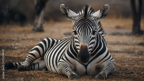 A close-up of a zebra lying on the ground  front legs crossed  and intently observing the camera.