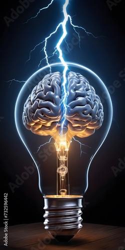 Brainstorming Ideas Illuminated in a Light Bulb depicts a light bulb with a brain inside it, illuminated and surrounded by lightning against a dark background. AI Generated photo