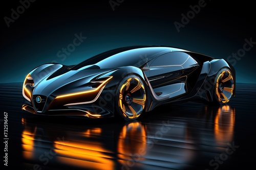 Futuristic car in neon light against the background of a cyber city with bright lights. Automotive innovations and technological concepts