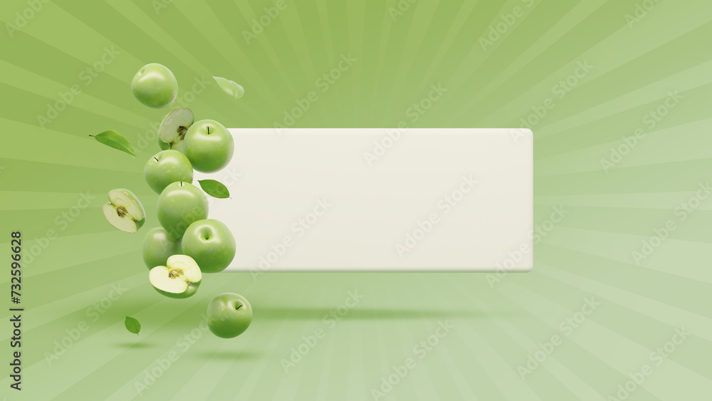 Obraz premium Online Fruit Business banner With 3d rendering Green apple. Apples isolated. Levitation of ripe green apples, Whole, half, slice green apple set with clipping path.