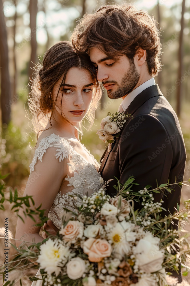 Portrait of a serene image of a bride and groom in a lovley darkgreen forest Wallpaper Digital Art Magazine Background Poster Card Portrait of a serene image of a bride and groom in a lovley darkgreen forest Wallpaper Digital Art Magazine Background Poster Card